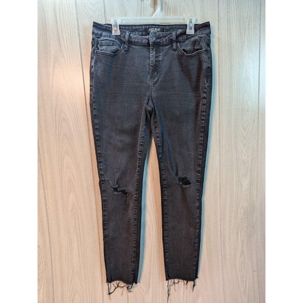 Judy Blue Jeans Women 11/30 Slim Fit Black Denim Raw Hem Frayed Mid Rise Pocket
